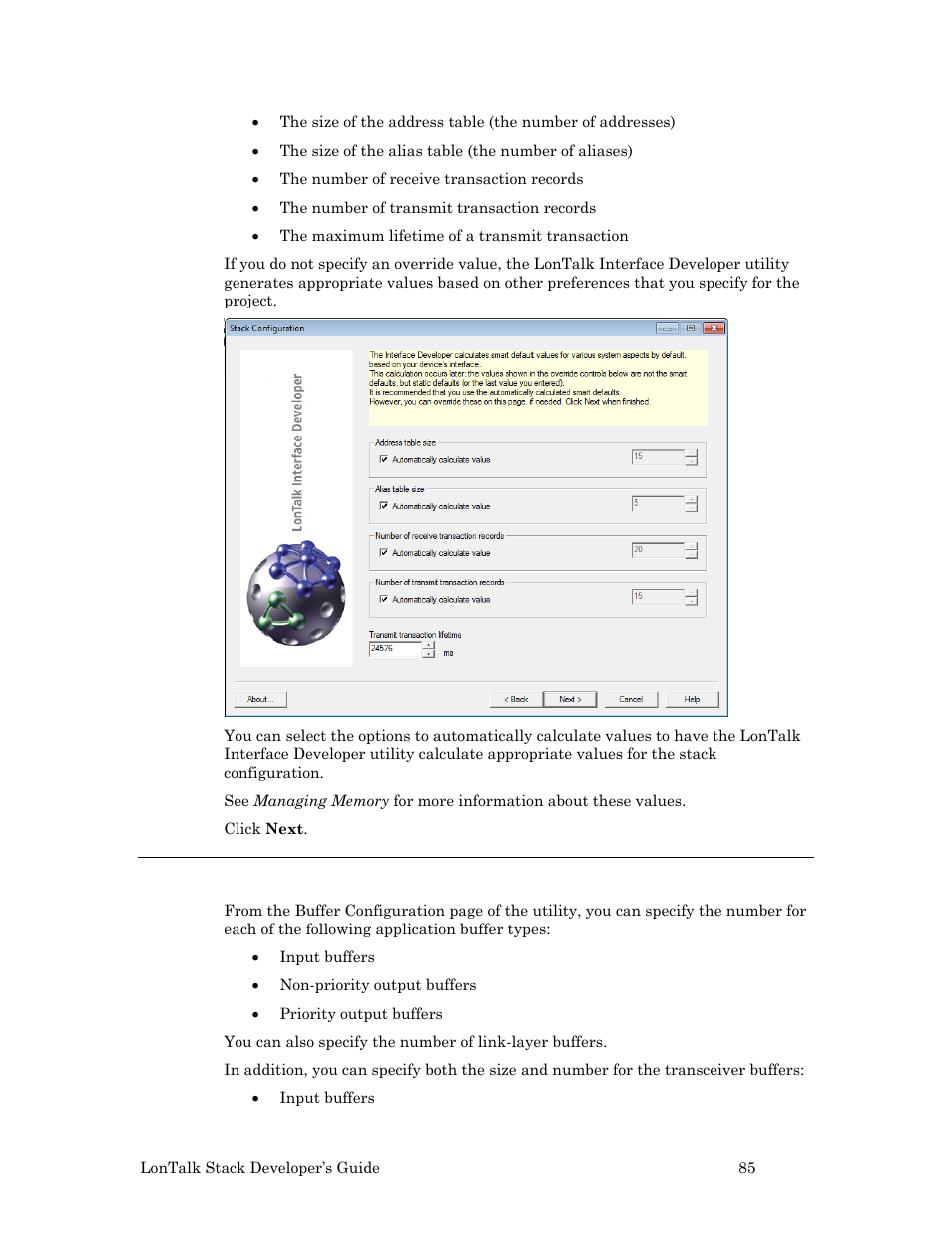 Configuring the buffers | Echelon LonTal Stack User Manual | Page 97 / 247