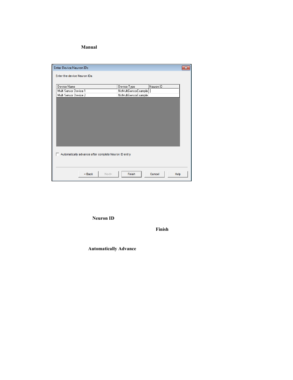 Using the manual entry method, Entering a neuron id manually, Entering a neuron id using a bar code scanner | Echelon OpenLNS Commissioning Tool User Manual | Page 173 / 393