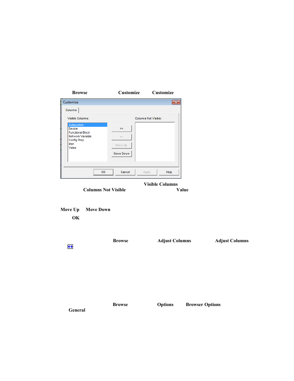 Customizing browser columns, Hiding or changing the order of browser columns, Adjusting the width of browser columns | Customizing browser rows, Selecting browser rows to be displayed | Echelon OpenLNS Commissioning Tool User Manual | Page 187 / 393