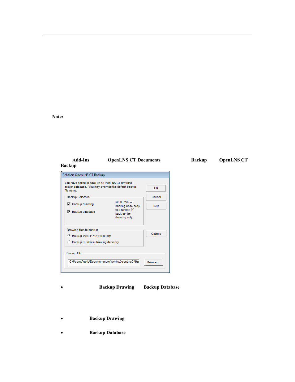 Manually backing up an openlns ct network, Creating a backup from an openlns ct drawing, Manually backing up an openlns ct network in | Echelon OpenLNS Commissioning Tool User Manual | Page 224 / 393