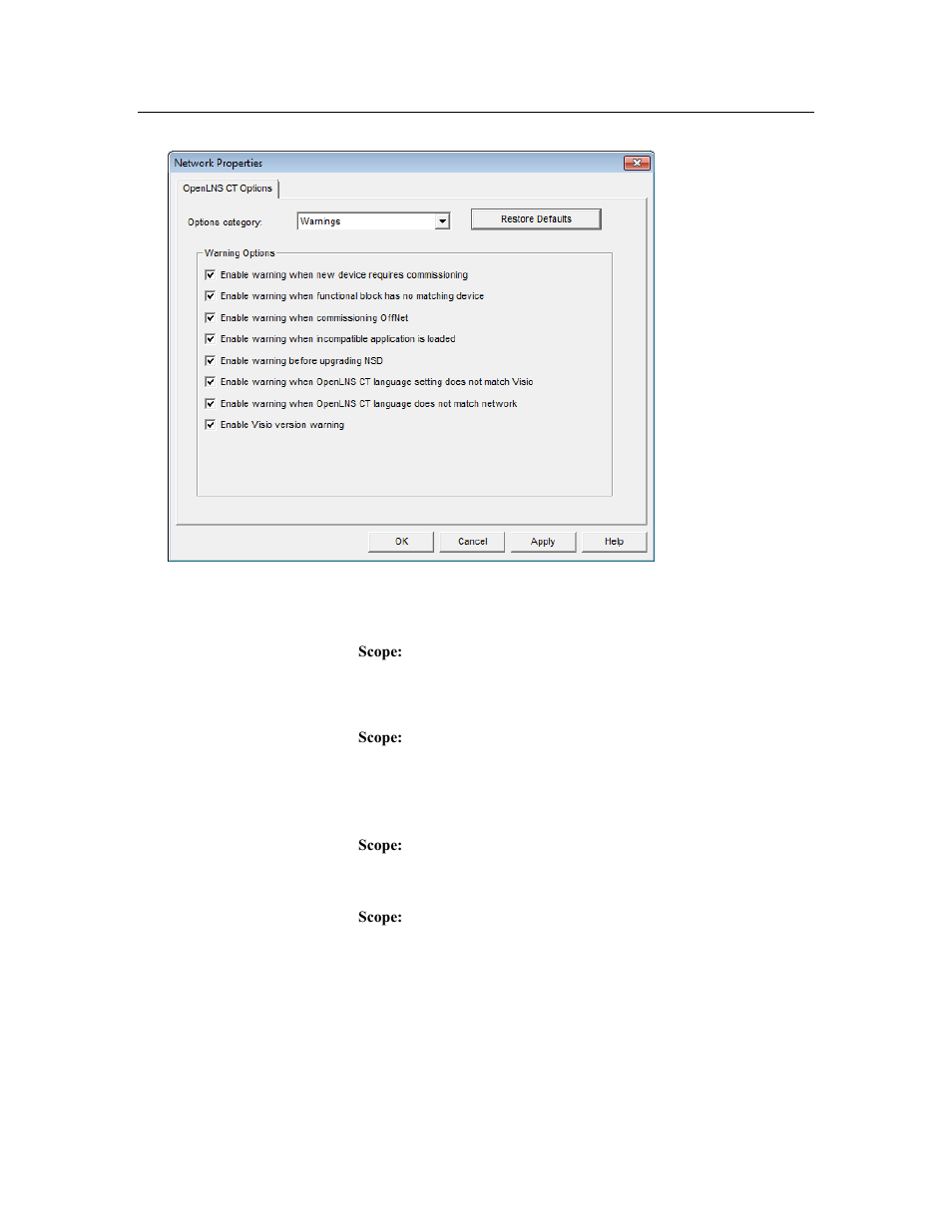 Warnings options | Echelon OpenLNS Commissioning Tool User Manual | Page 360 / 393