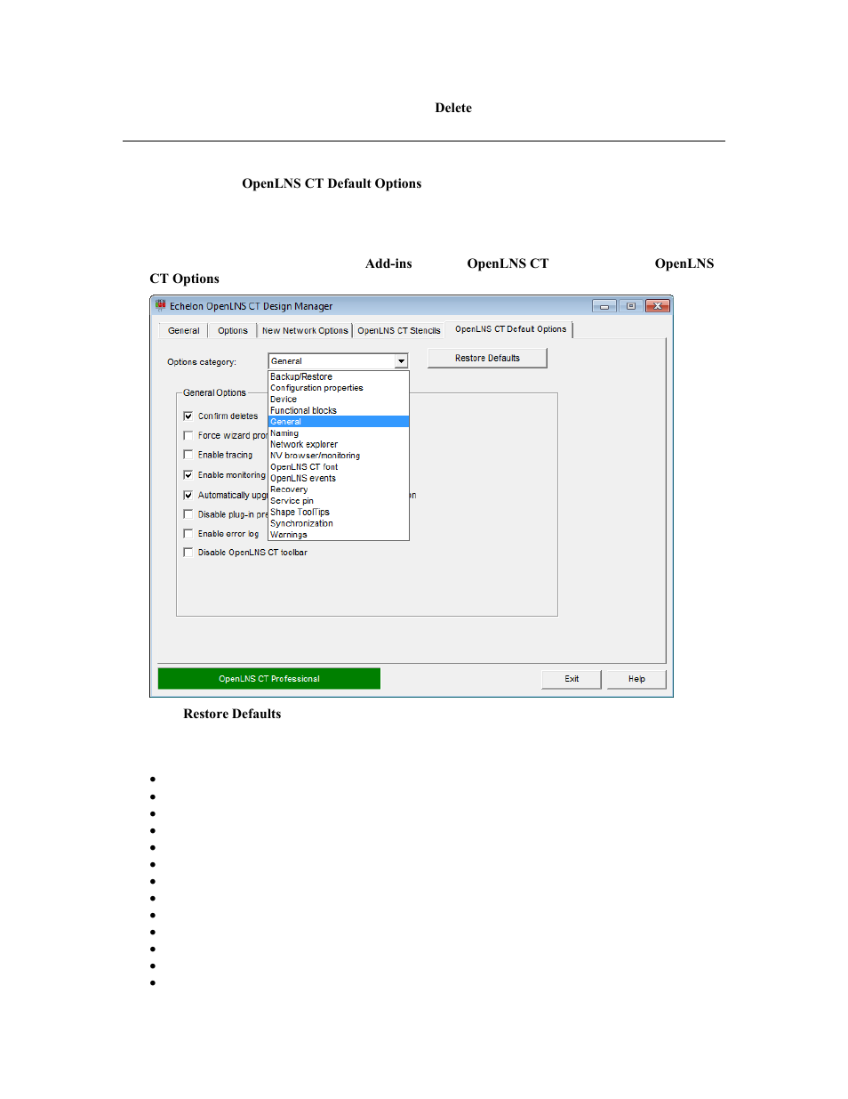 Openlns ct default options | Echelon OpenLNS Commissioning Tool User Manual | Page 53 / 393