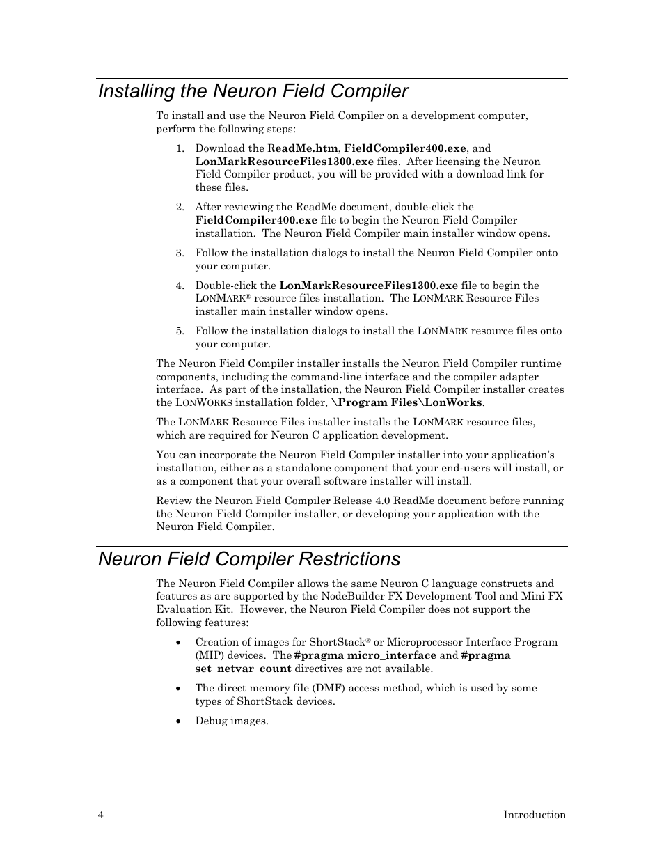 Installing the neuron field compiler, Neuron field compiler restrictions | Echelon Neuron Field Compiler User Manual | Page 10 / 27