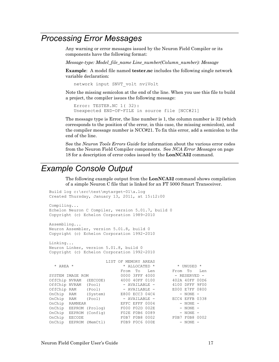 Processing error messages, Example console output | Echelon Neuron Field Compiler User Manual | Page 23 / 27