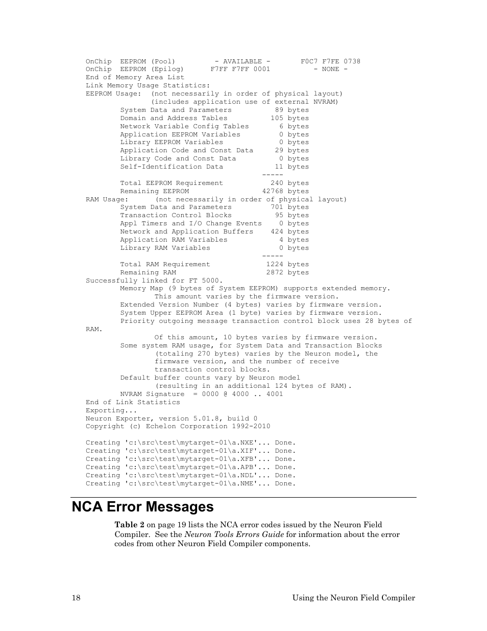 Nca error messages | Echelon Neuron Field Compiler User Manual | Page 24 / 27