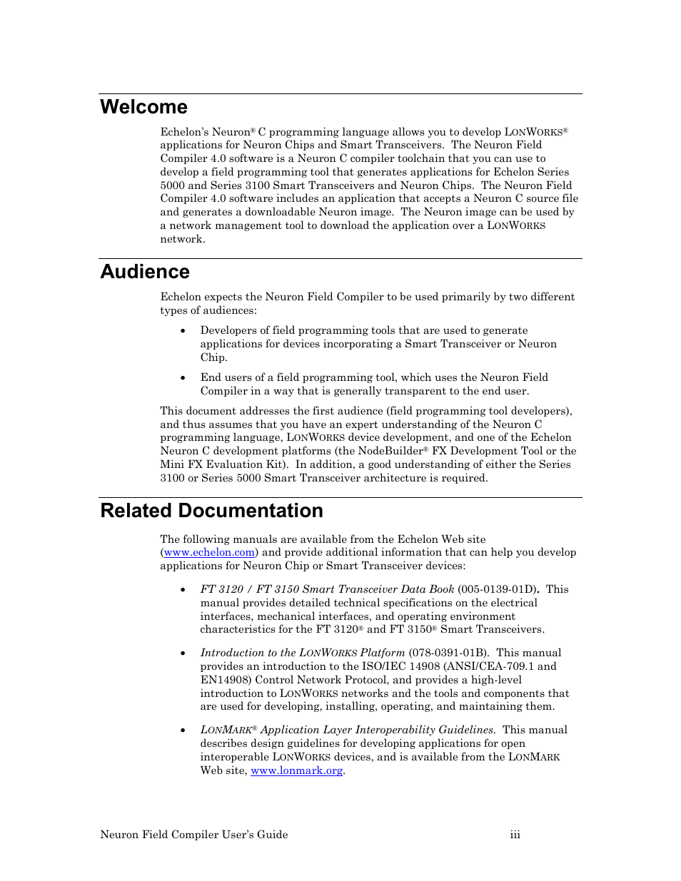 Welcome, Audience, Related documentation | Echelon Neuron Field Compiler User Manual | Page 3 / 27