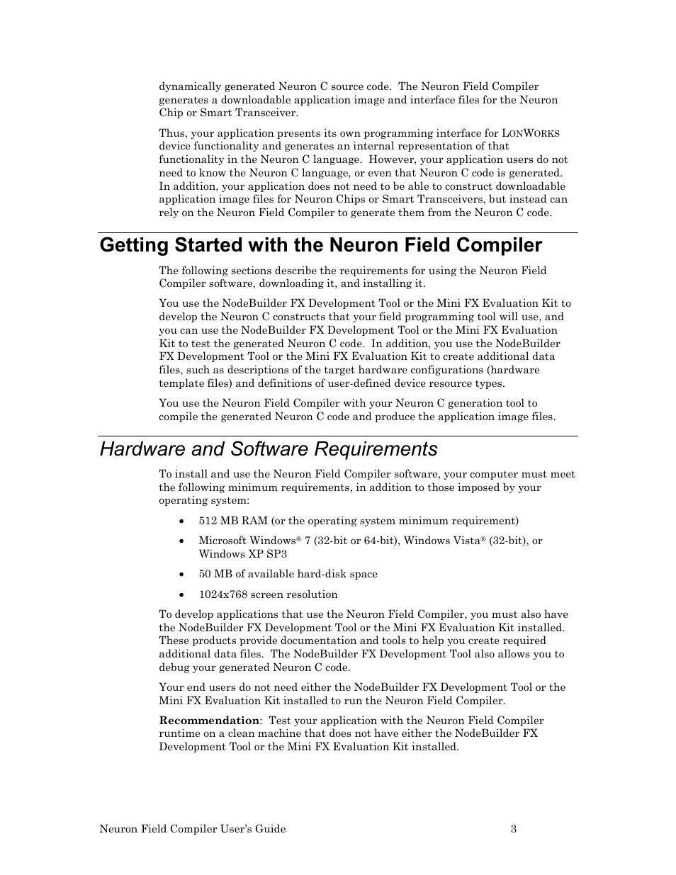 Getting started with the neuron field compiler, Hardware and software requirements | Echelon Neuron Field Compiler User Manual | Page 9 / 27