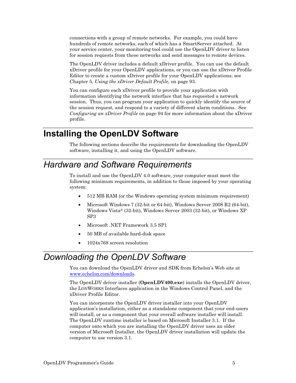 Installing the openldv software, Hardware and software requirements, Downloading the openldv software | Echelon OpenLDV User Manual | Page 13 / 194