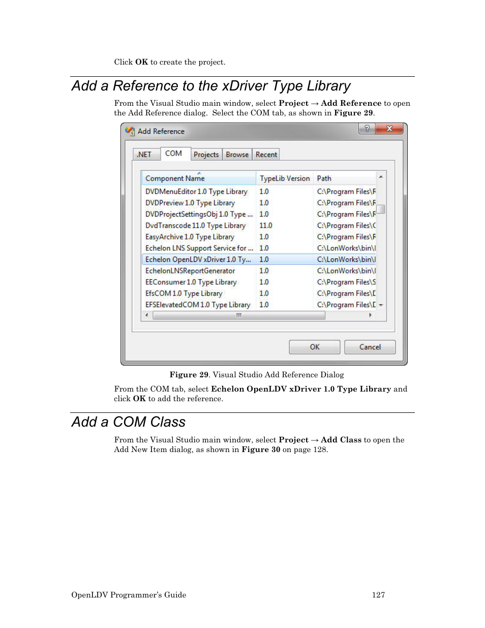 Add a reference to the xdriver type library, Add a com class | Echelon OpenLDV User Manual | Page 135 / 194