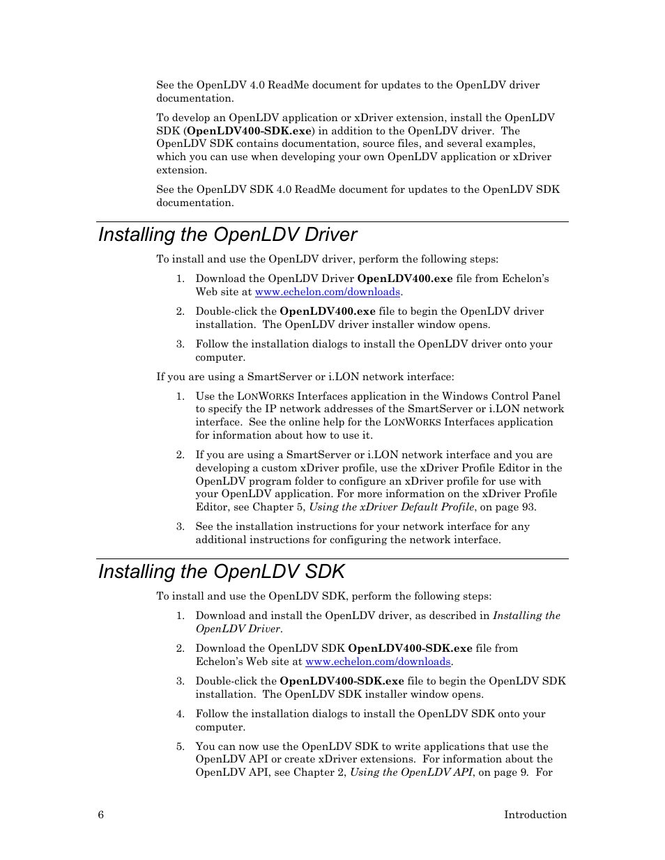 Installing the openldv driver, Installing the openldv sdk | Echelon OpenLDV User Manual | Page 14 / 194