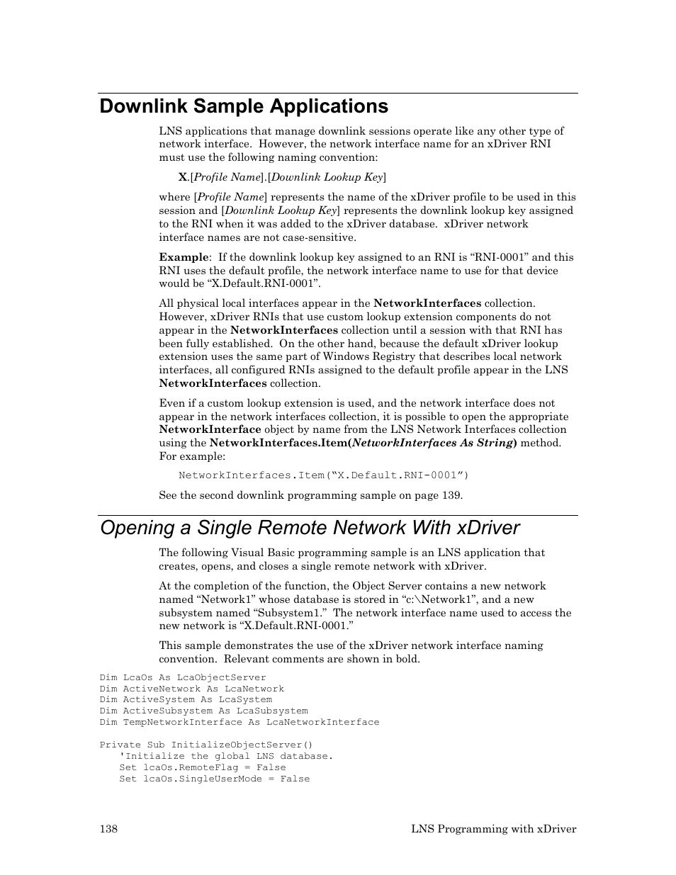 Downlink sample applications, Opening a single remote network with xdriver, Downlink | Sample applications, E 138, Opening a single remote network with, Xdriver | Echelon OpenLDV User Manual | Page 146 / 194