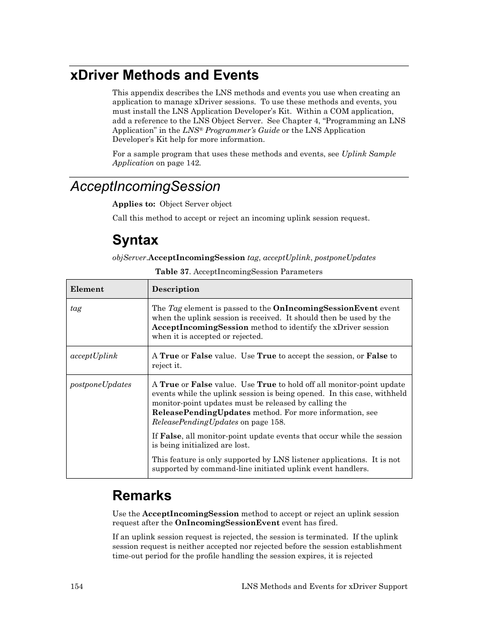 Xdriver methods and events, Acceptincomingsession, Syntax | Remarks | Echelon OpenLDV User Manual | Page 162 / 194