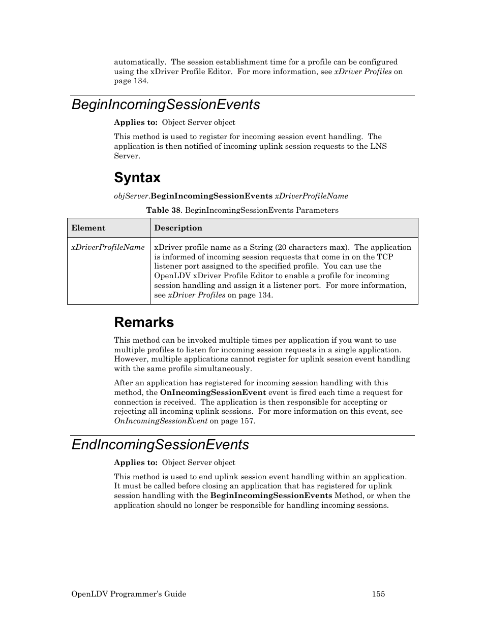 Beginincomingsessionevents, Endincomingsessionevents, Syntax | Remarks | Echelon OpenLDV User Manual | Page 163 / 194