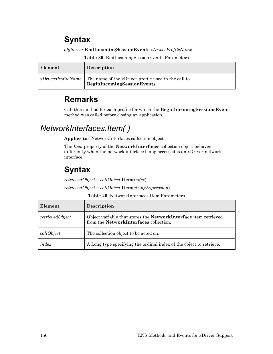 Networkinterfaces.item( ), Syntax, Remarks | Echelon OpenLDV User Manual | Page 164 / 194