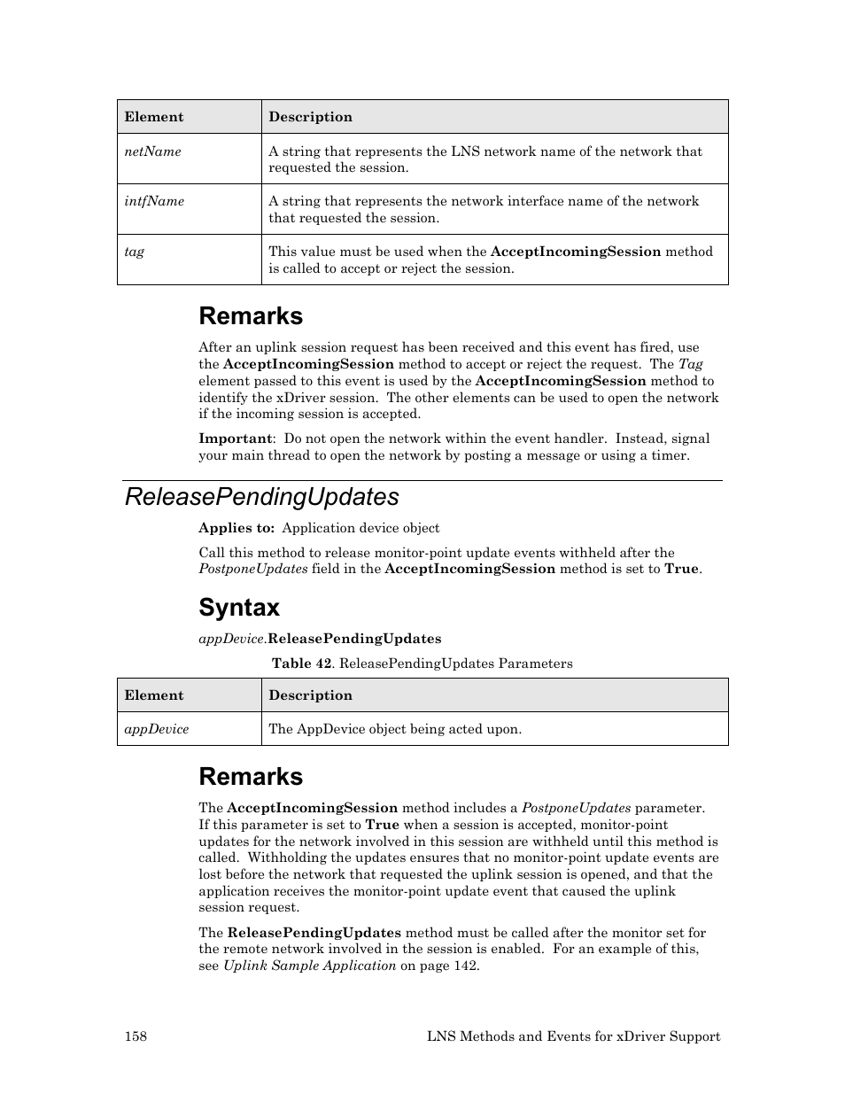 Releasependingupdates, Ee releasependingupdates, Remarks | Syntax | Echelon OpenLDV User Manual | Page 166 / 194