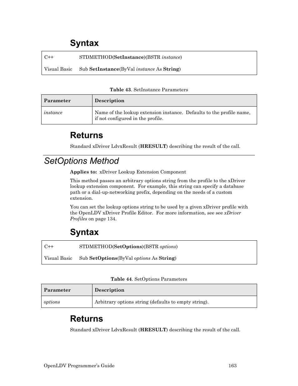 Setoptions method, Syntax, Returns | Echelon OpenLDV User Manual | Page 171 / 194