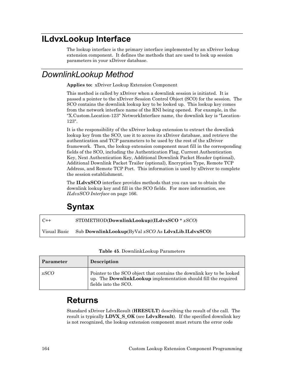 Ildvxlookup interface, Downlinklookup method, Ildvxlookup | Syntax, Returns | Echelon OpenLDV User Manual | Page 172 / 194