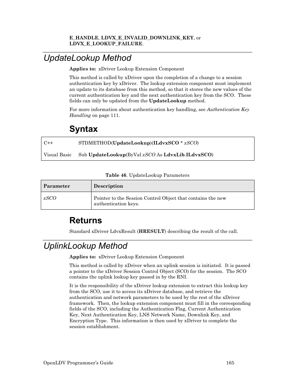 Updatelookup method, Uplinklookup method, Syntax | Returns | Echelon OpenLDV User Manual | Page 173 / 194