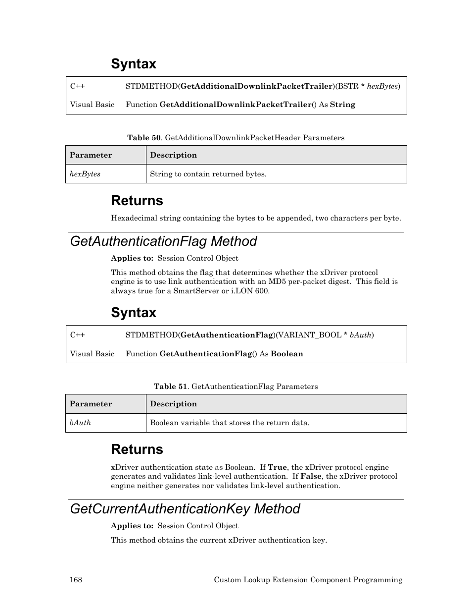 Getauthenticationflag method, Getcurrentauthenticationkey method, Syntax | Returns | Echelon OpenLDV User Manual | Page 176 / 194