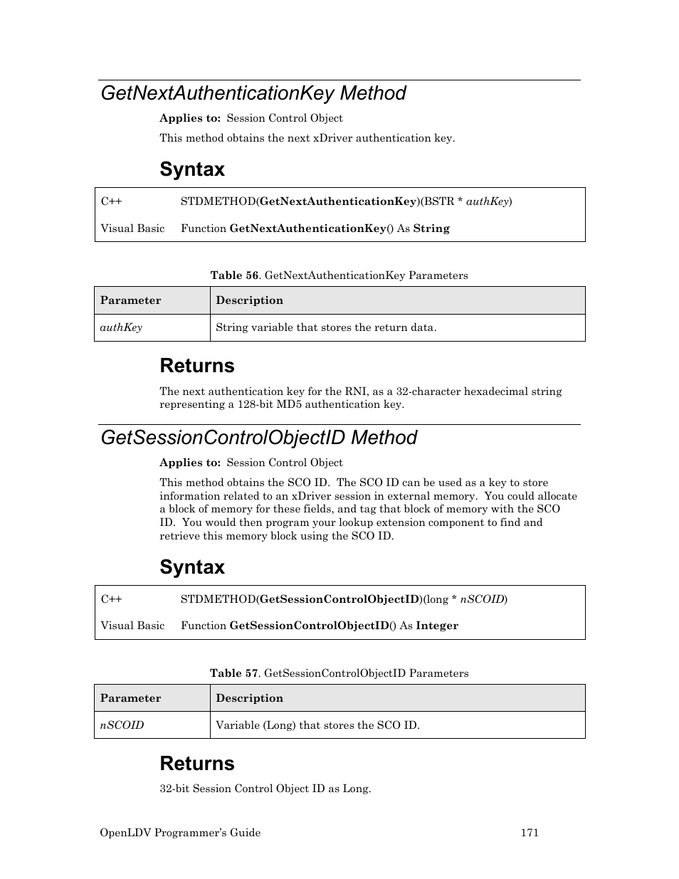 Getnextauthenticationkey method, Getsessioncontrolobjectid method, Syntax | Returns | Echelon OpenLDV User Manual | Page 179 / 194