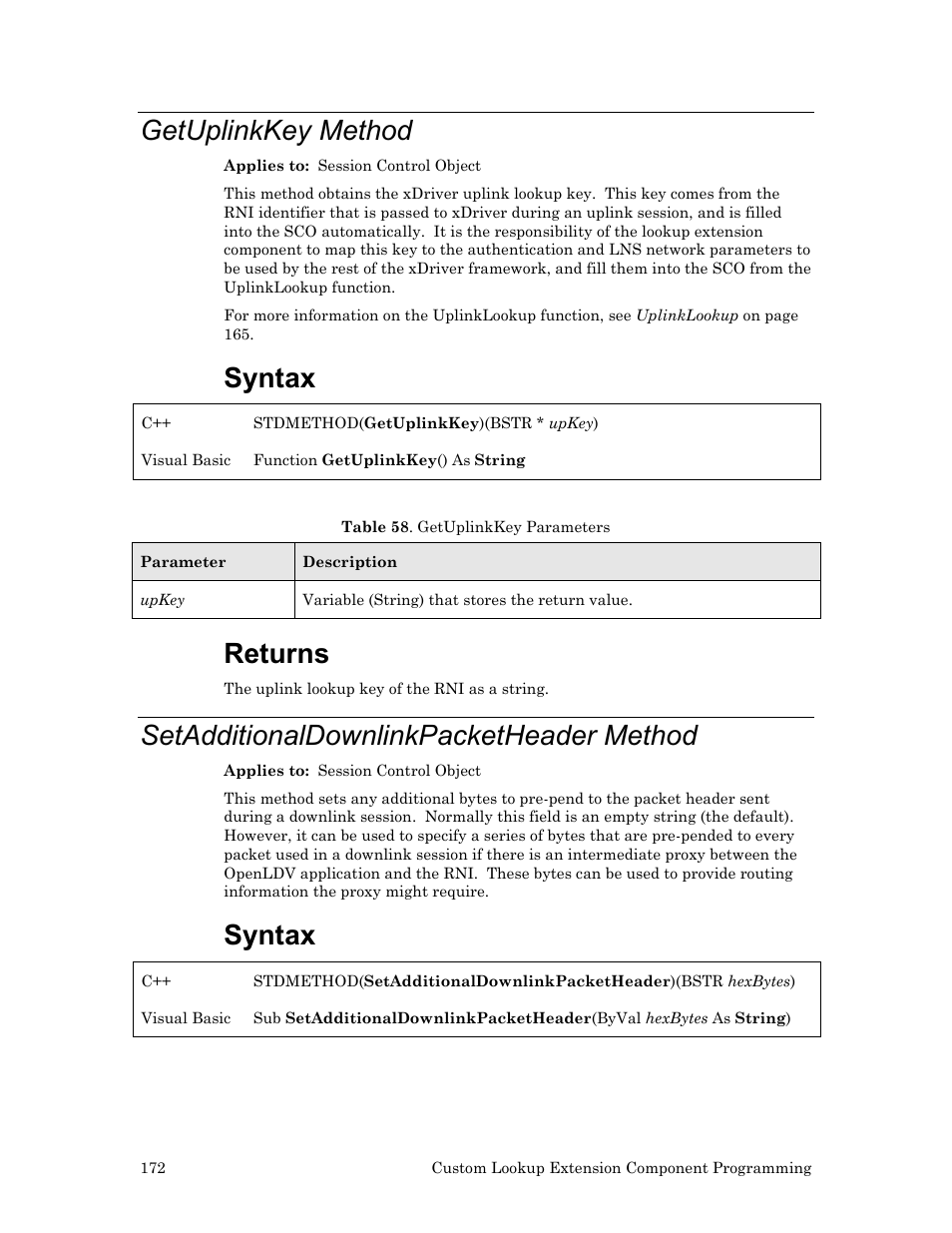 Getuplinkkey method, Setadditionaldownlinkpacketheader method, Syntax | Returns | Echelon OpenLDV User Manual | Page 180 / 194