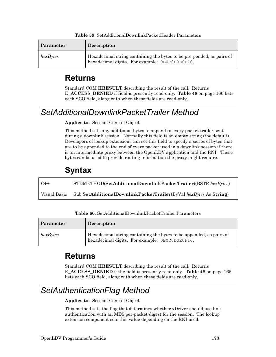 Setadditionaldownlinkpackettrailer method, Setauthenticationflag method, Returns | Syntax | Echelon OpenLDV User Manual | Page 181 / 194