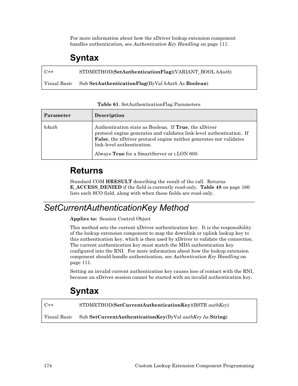 Setcurrentauthenticationkey method, Syntax, Returns | Echelon OpenLDV User Manual | Page 182 / 194
