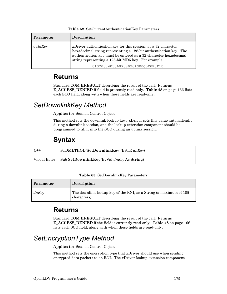 Setdownlinkkey method, Setencryptiontype method, Returns | Syntax | Echelon OpenLDV User Manual | Page 183 / 194