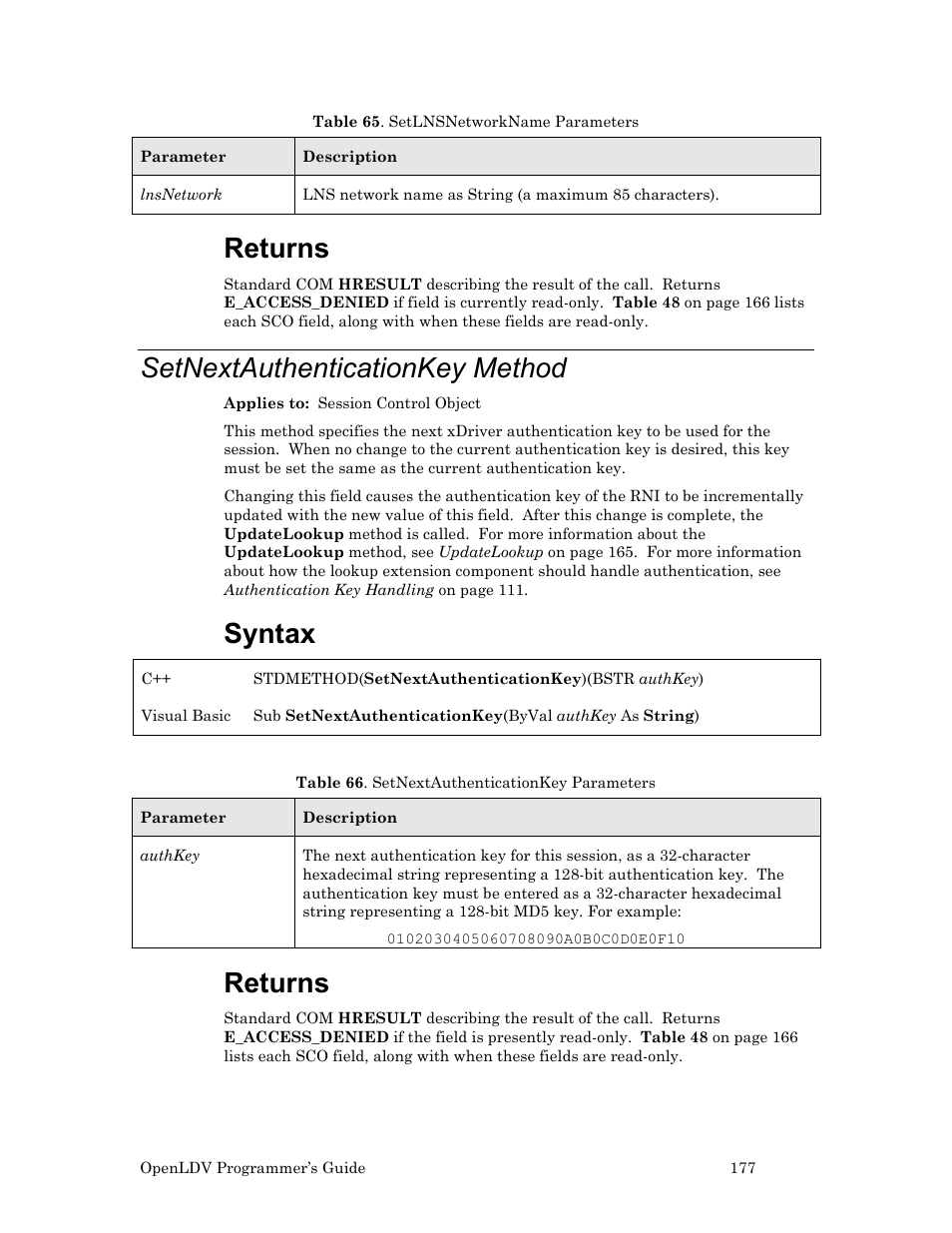 Setnextauthenticationkey method, Returns, Syntax | Echelon OpenLDV User Manual | Page 185 / 194