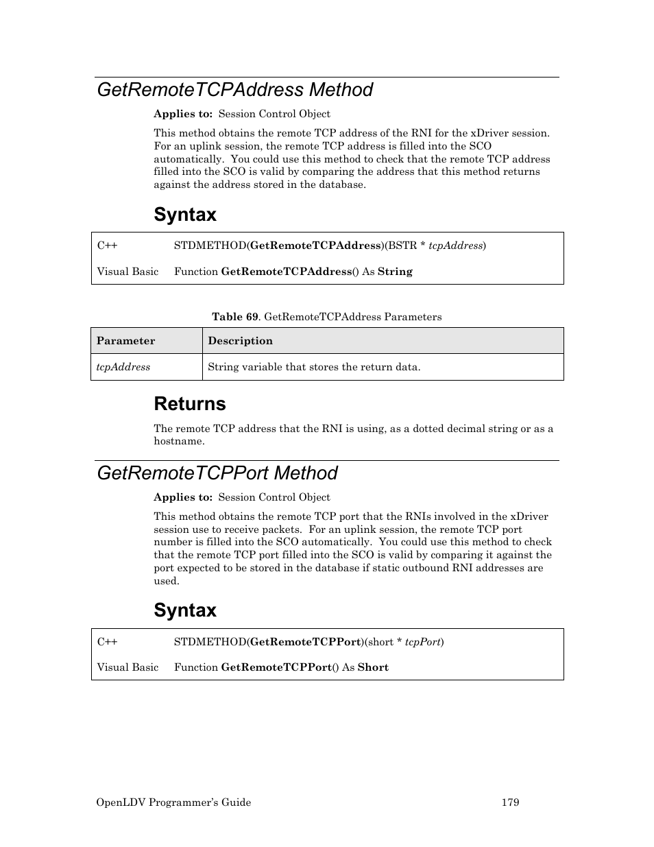 Getremotetcpaddress method, Getremotetcpport method, Syntax | Returns | Echelon OpenLDV User Manual | Page 187 / 194