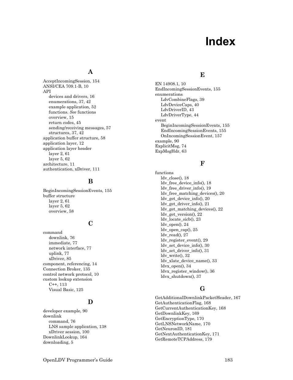 Index | Echelon OpenLDV User Manual | Page 191 / 194