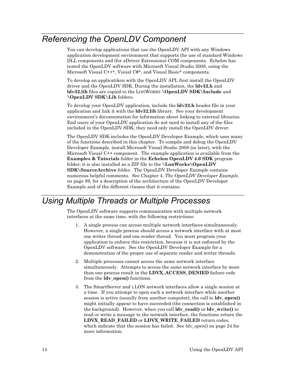 Referencing the openldv component, Using multiple threads or multiple processes | Echelon OpenLDV User Manual | Page 22 / 194