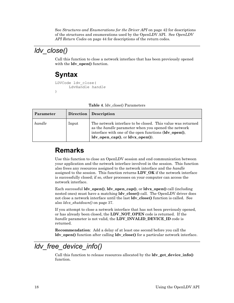 Ldv_close(), Ldv_free_device_info(), Syntax | Remarks | Echelon OpenLDV User Manual | Page 26 / 194