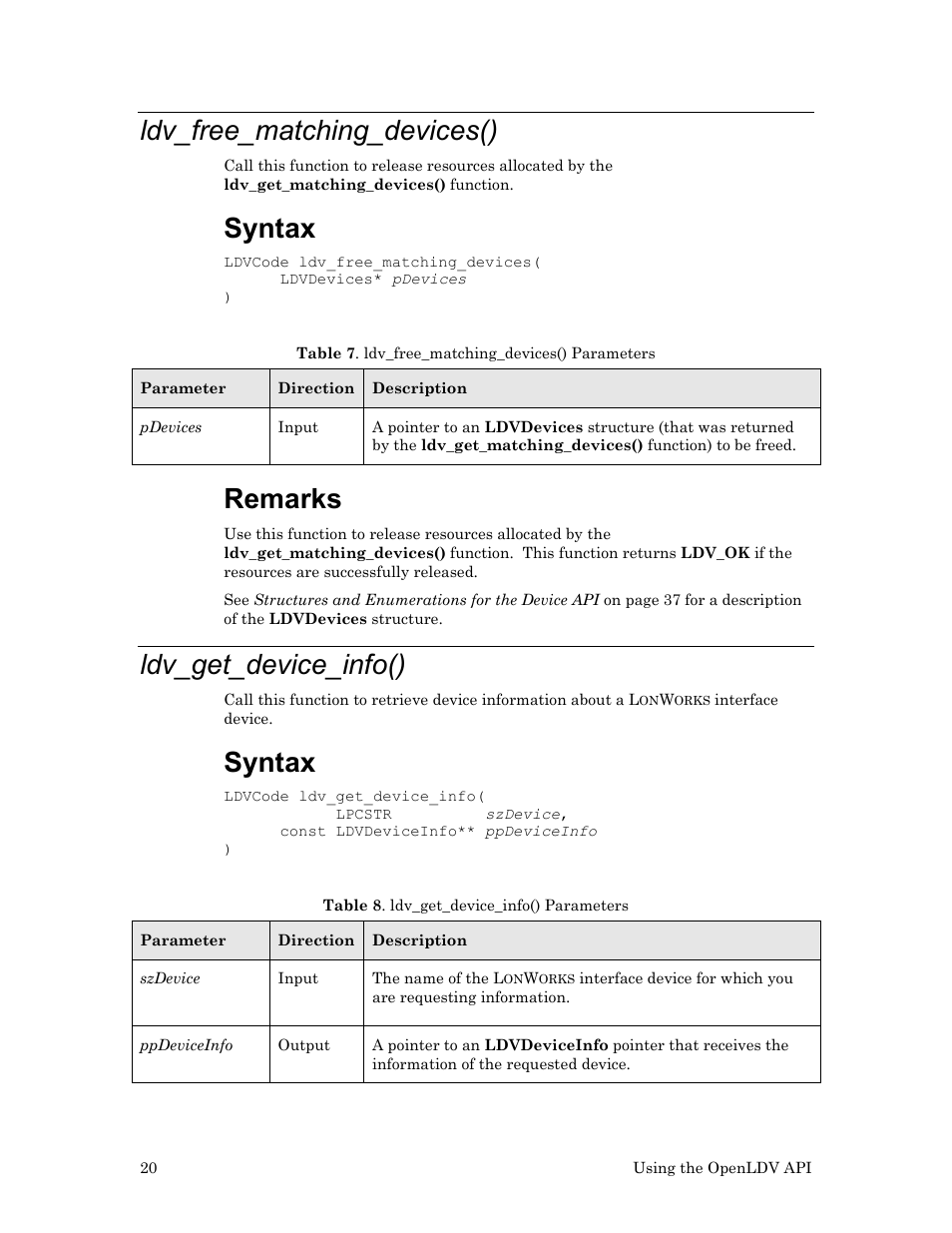 Ldv_free_matching_devices(), Ldv_get_device_info(), Syntax | Remarks | Echelon OpenLDV User Manual | Page 28 / 194