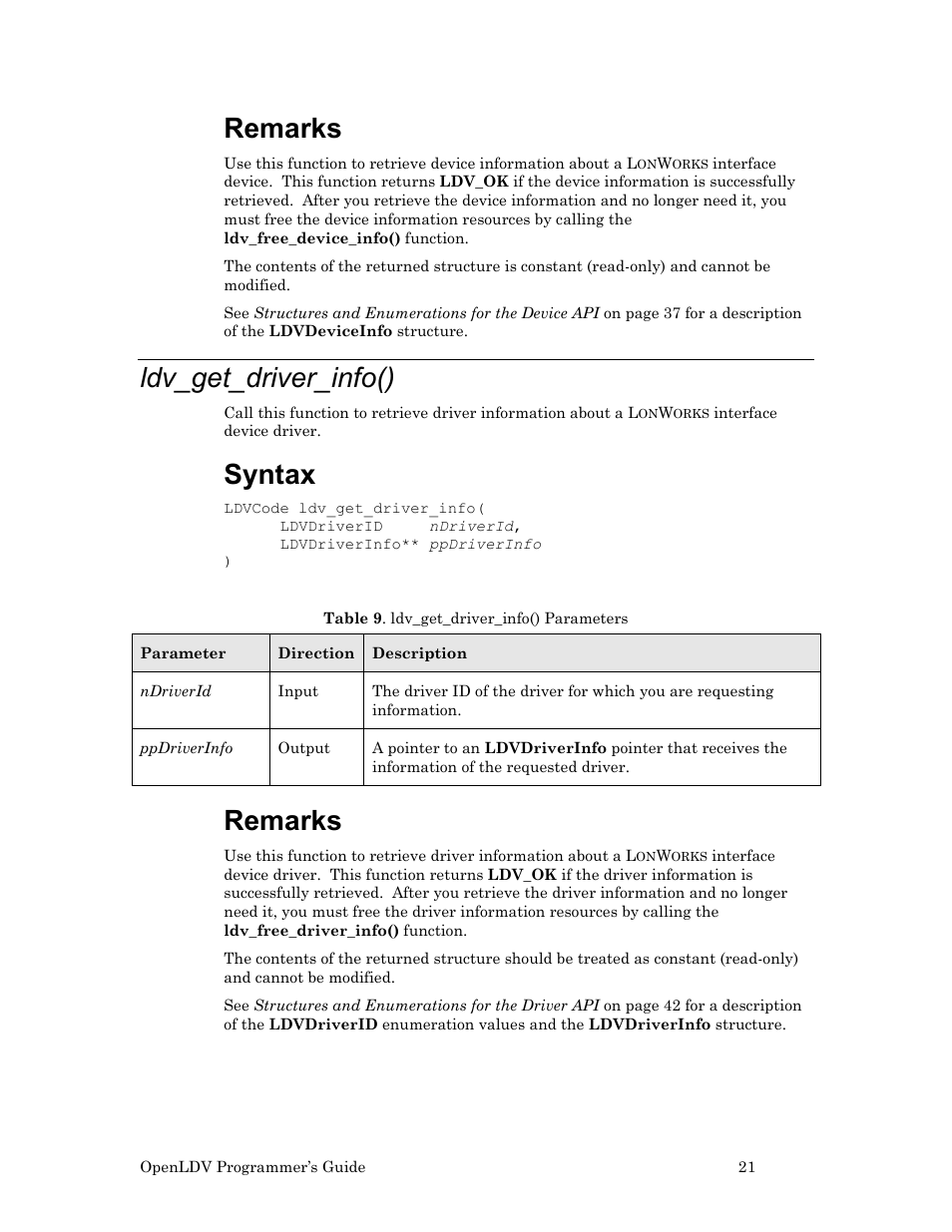 Ldv_get_driver_info(), Remarks, Syntax | Echelon OpenLDV User Manual | Page 29 / 194