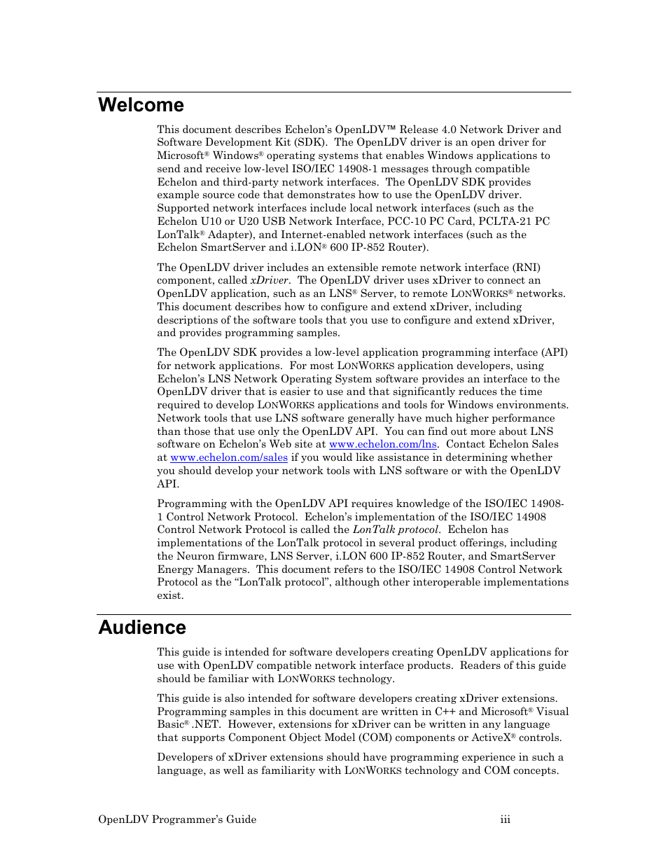 Welcome, Audience | Echelon OpenLDV User Manual | Page 3 / 194
