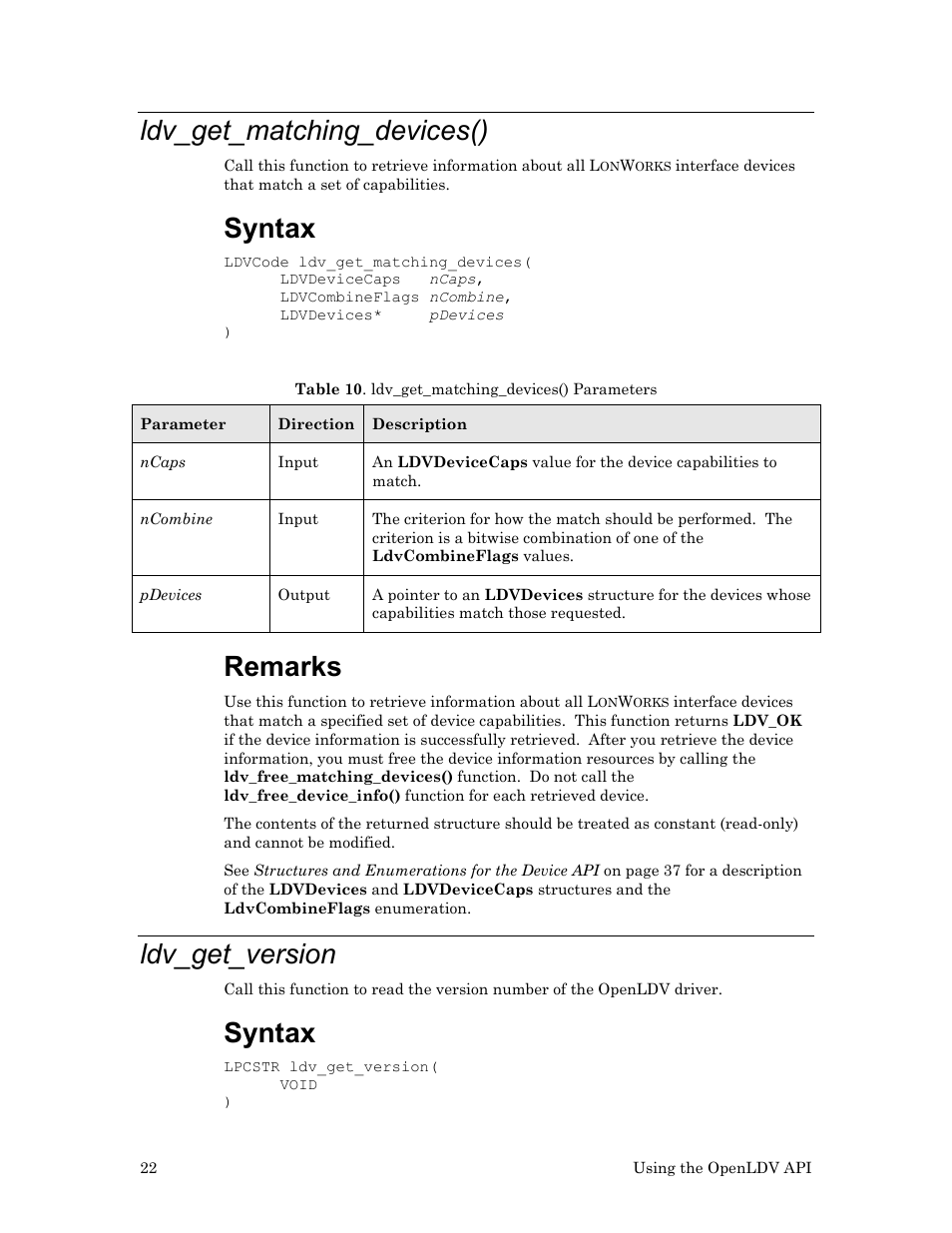 Ldv_get_matching_devices(), Ldv_get_version, Syntax | Remarks | Echelon OpenLDV User Manual | Page 30 / 194