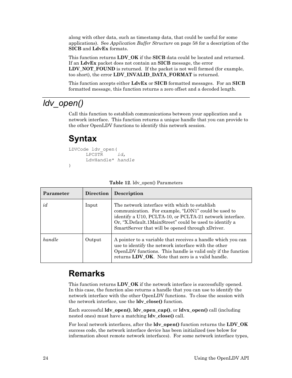 Ldv_open(), Ee ldv_open(), Syntax | Remarks | Echelon OpenLDV User Manual | Page 32 / 194