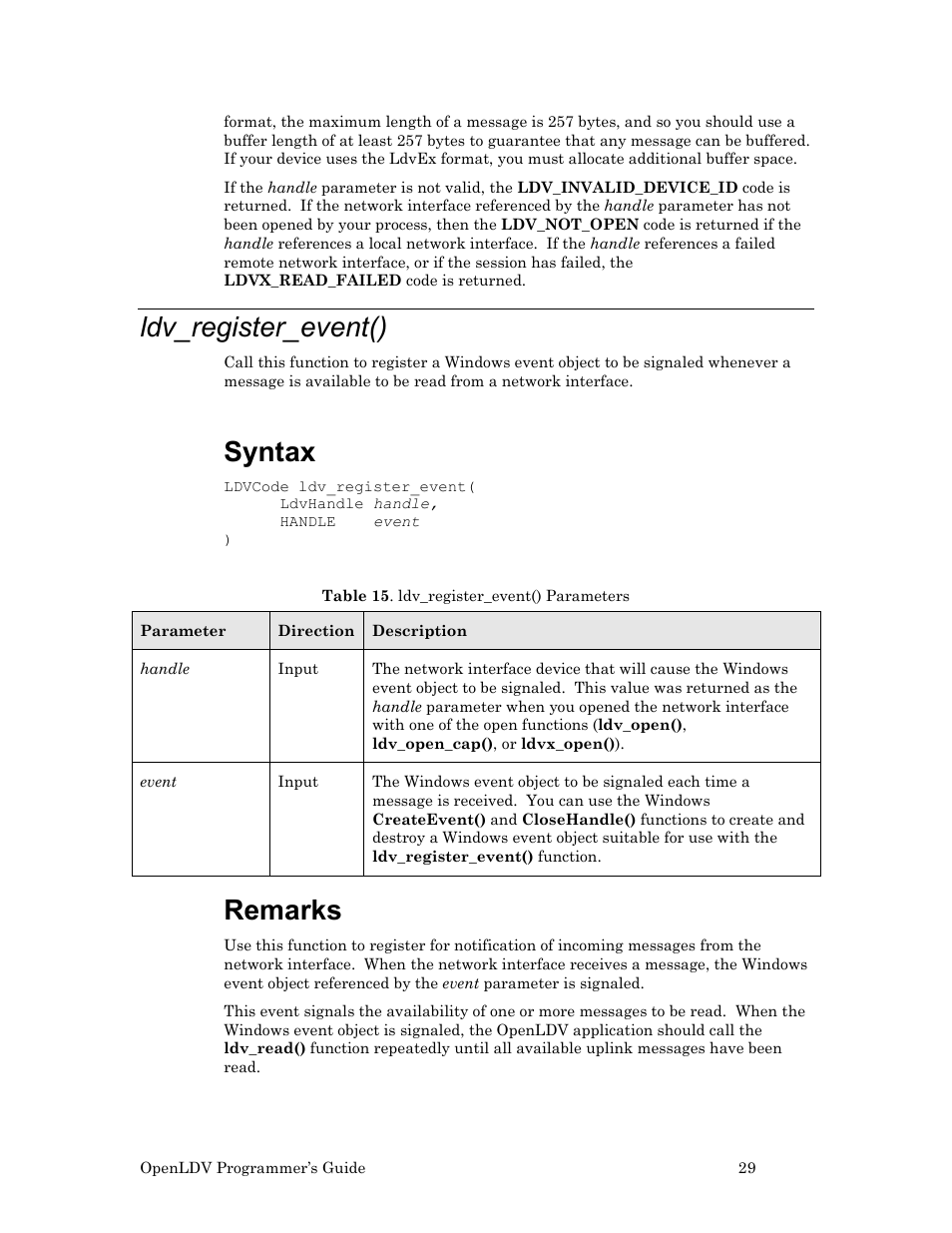 Ldv_register_event(), Syntax, Remarks | Echelon OpenLDV User Manual | Page 37 / 194