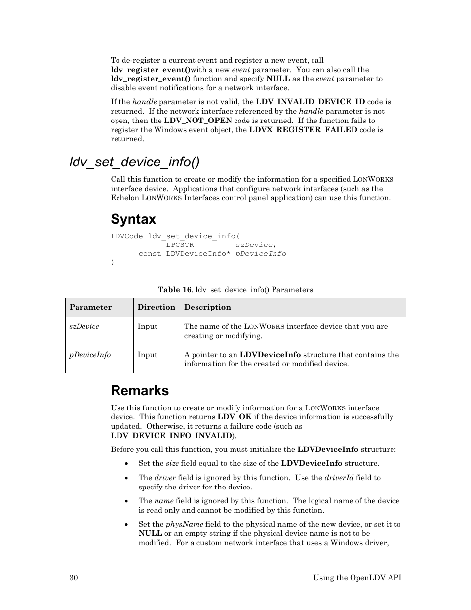 Ldv_set_device_info(), Syntax, Remarks | Echelon OpenLDV User Manual | Page 38 / 194