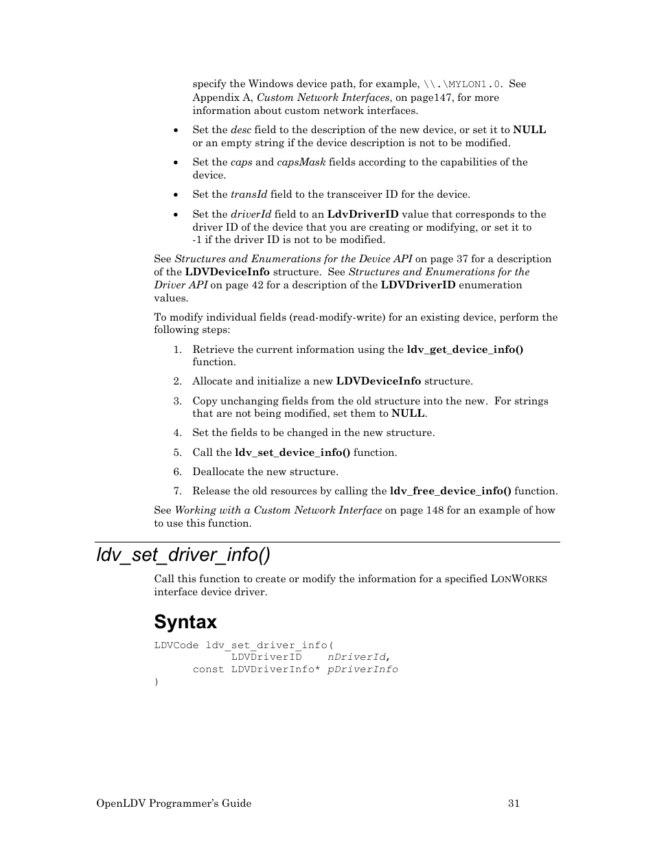 Ldv_set_driver_info(), Syntax | Echelon OpenLDV User Manual | Page 39 / 194