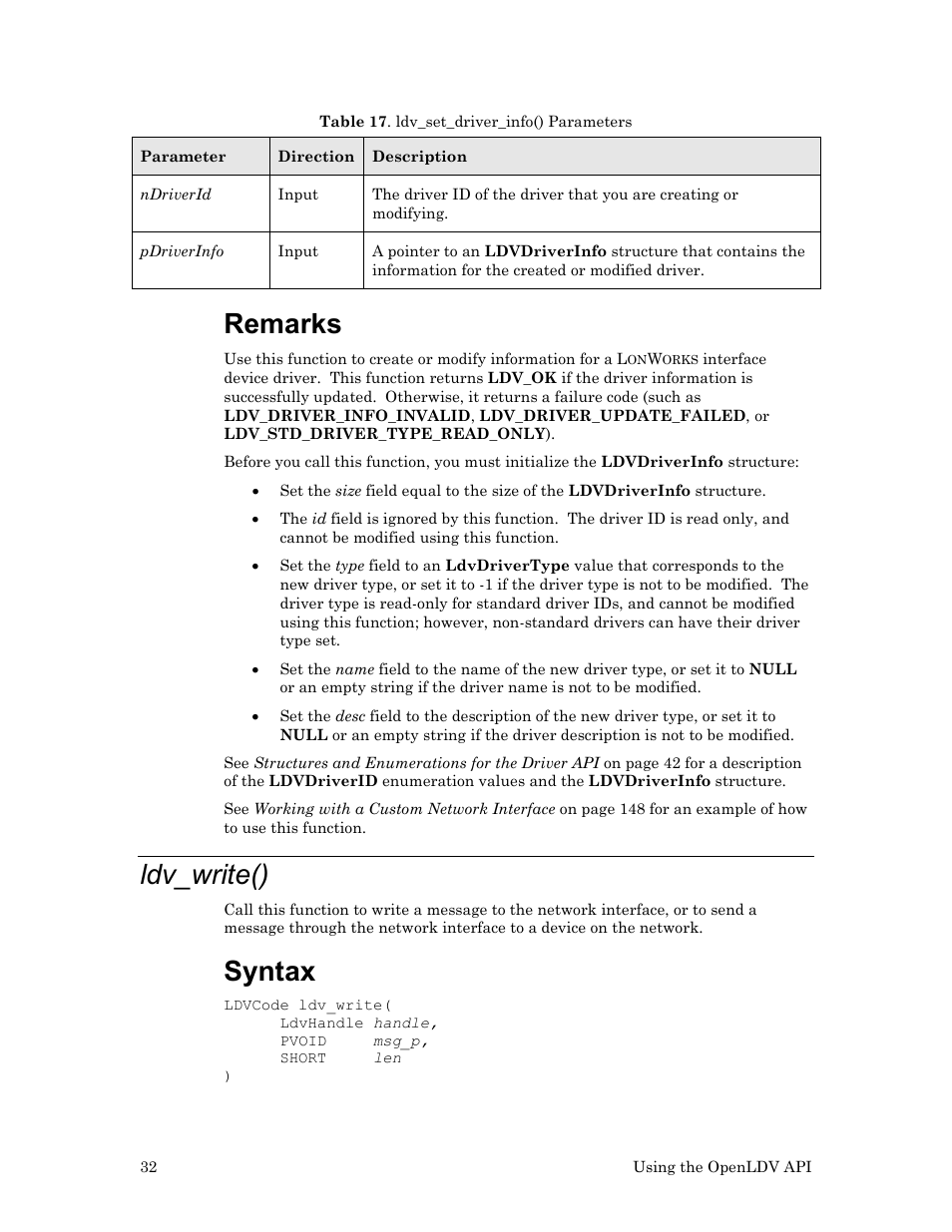 Ldv_write(), Remarks, Syntax | Echelon OpenLDV User Manual | Page 40 / 194