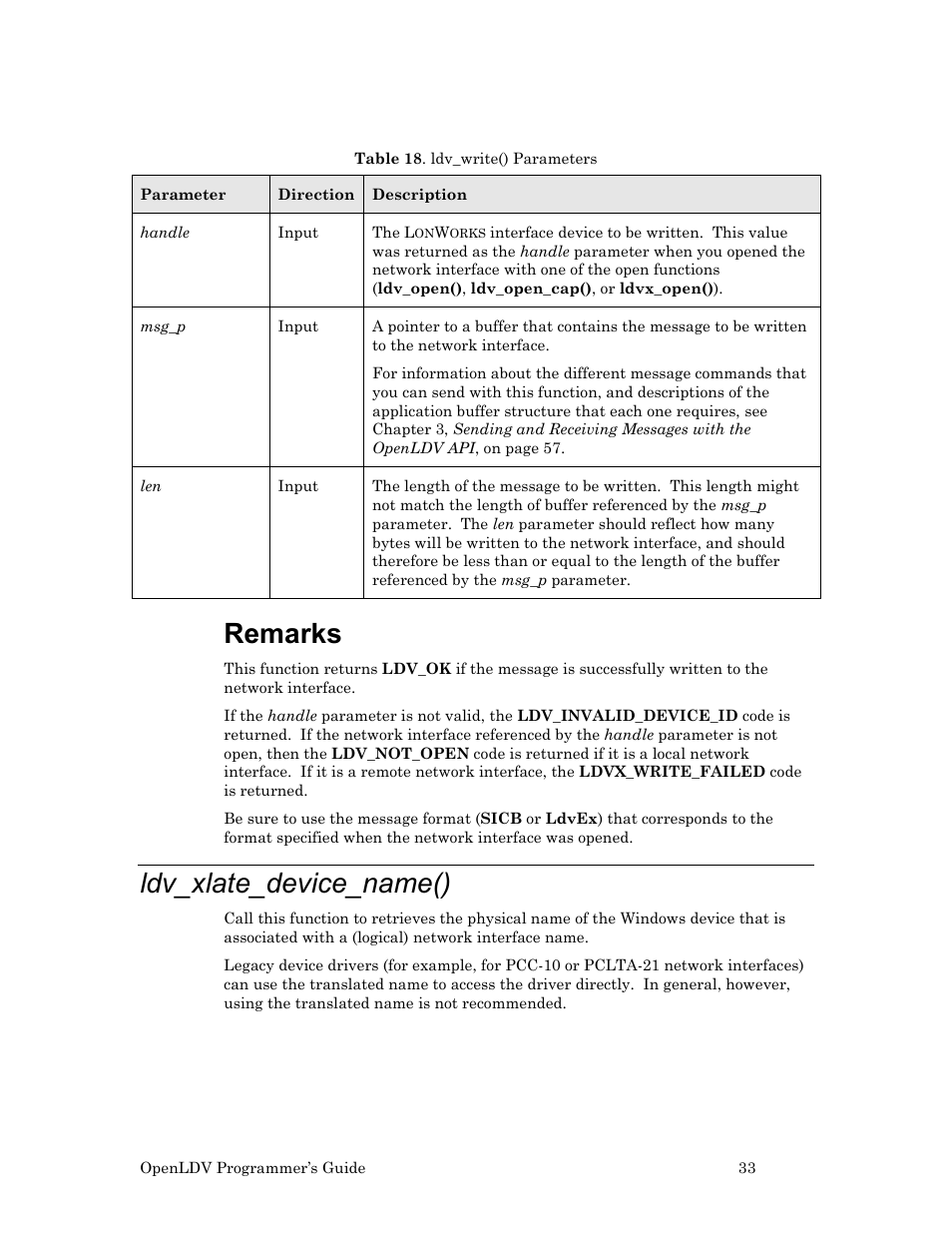 Ldv_xlate_device_name(), Remarks | Echelon OpenLDV User Manual | Page 41 / 194