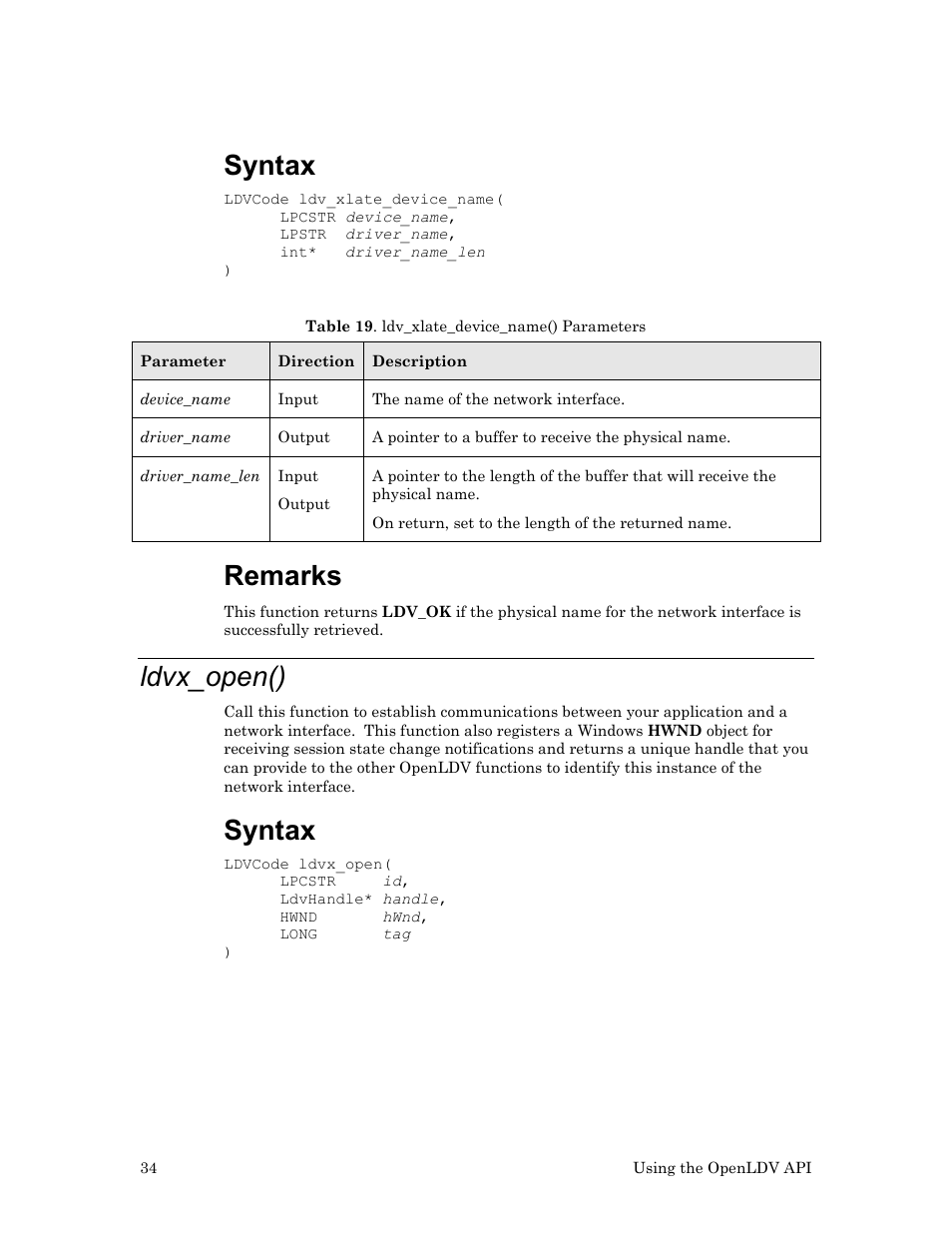 Ldvx_open(), Syntax, Remarks | Echelon OpenLDV User Manual | Page 42 / 194