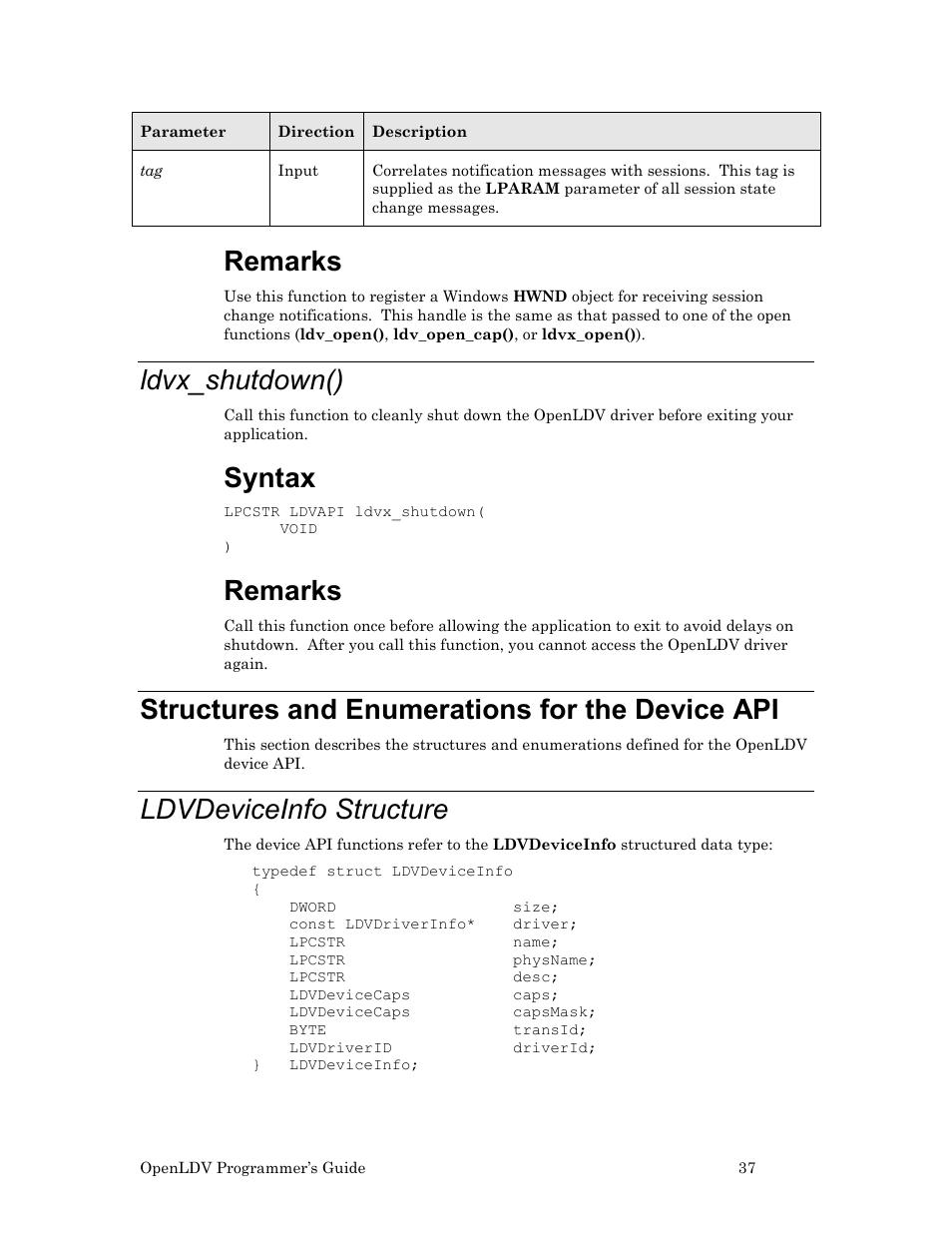 Ldvx_shutdown(), Structures and enumerations for the device api, Ldvdeviceinfo structure | E 37, Ee structures and enumerations for the device api, Remarks, Syntax | Echelon OpenLDV User Manual | Page 45 / 194