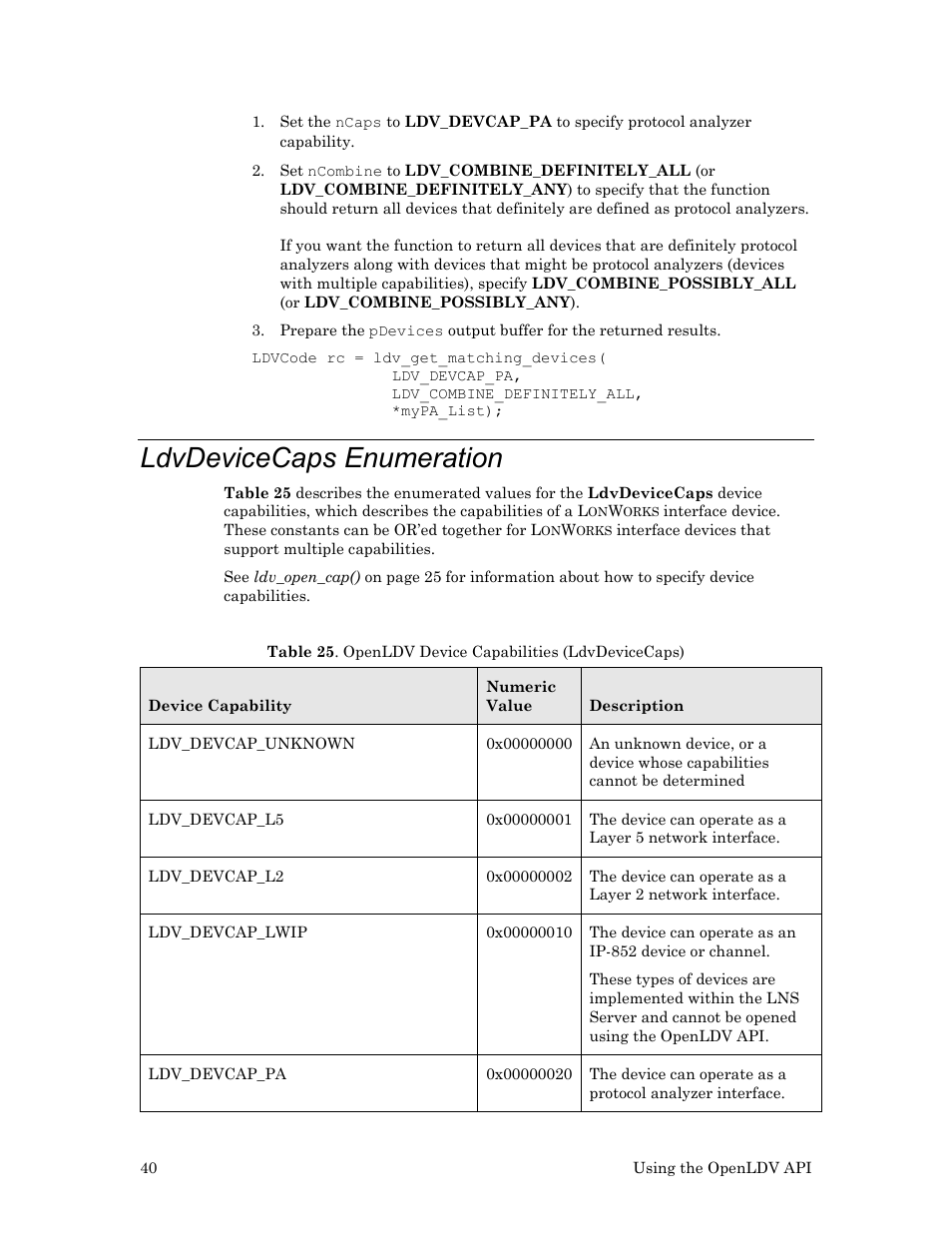 Ldvdevicecaps enumeration, Table 25, Table | Echelon OpenLDV User Manual | Page 48 / 194