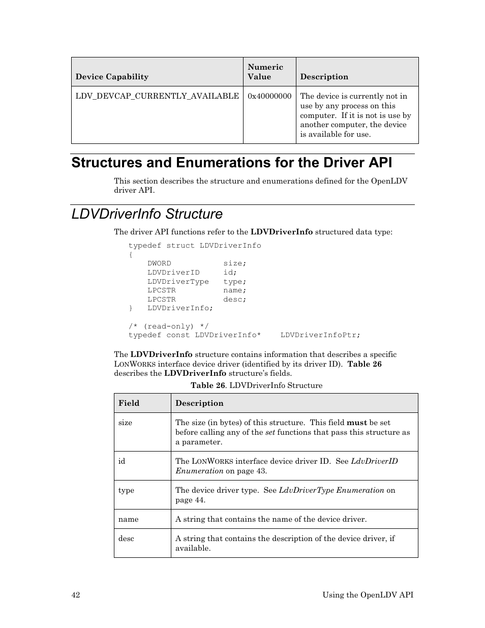 Structures and enumerations for the driver api, Ldvdriverinfo structure, Ee structures and enumerations for the driver | Ee structures and enumerations for the driver api, Ee structures and enumerations for the, Driver api, Structures and, Enumerations for the driver api | Echelon OpenLDV User Manual | Page 50 / 194