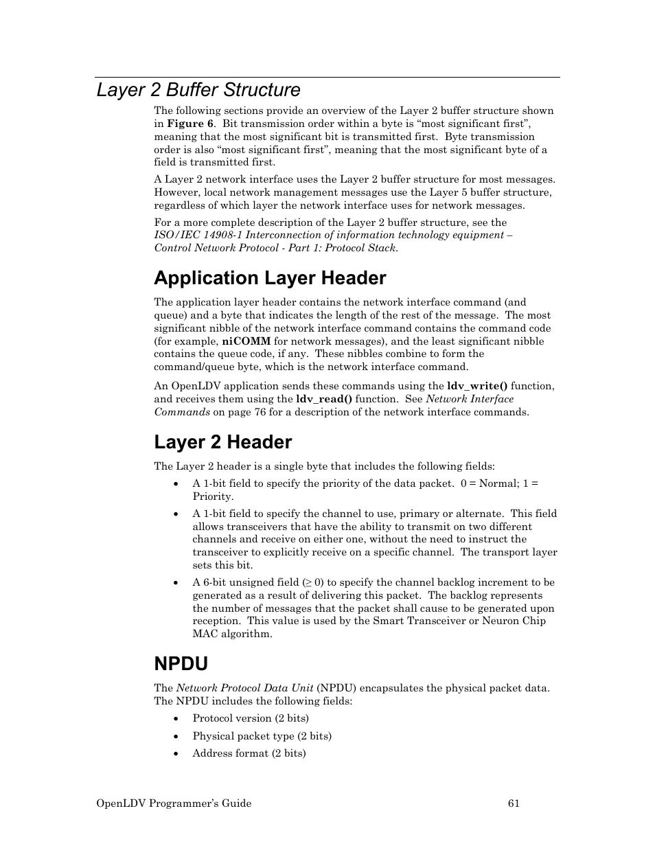 Layer 2 buffer structure, Application layer header, Layer 2 header | Npdu | Echelon OpenLDV User Manual | Page 69 / 194