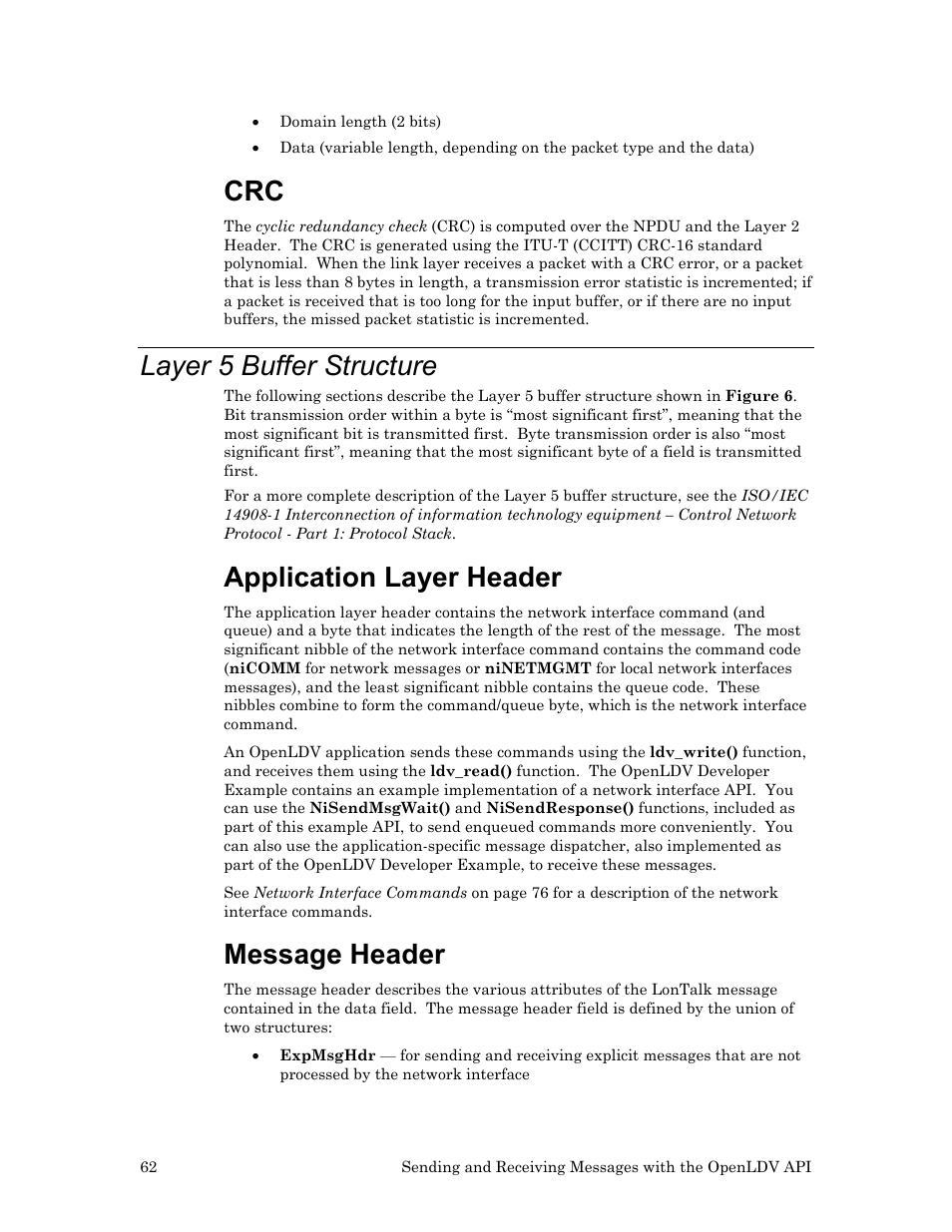 Layer 5 buffer structure, Application layer header, Message header | Message, Header | Echelon OpenLDV User Manual | Page 70 / 194