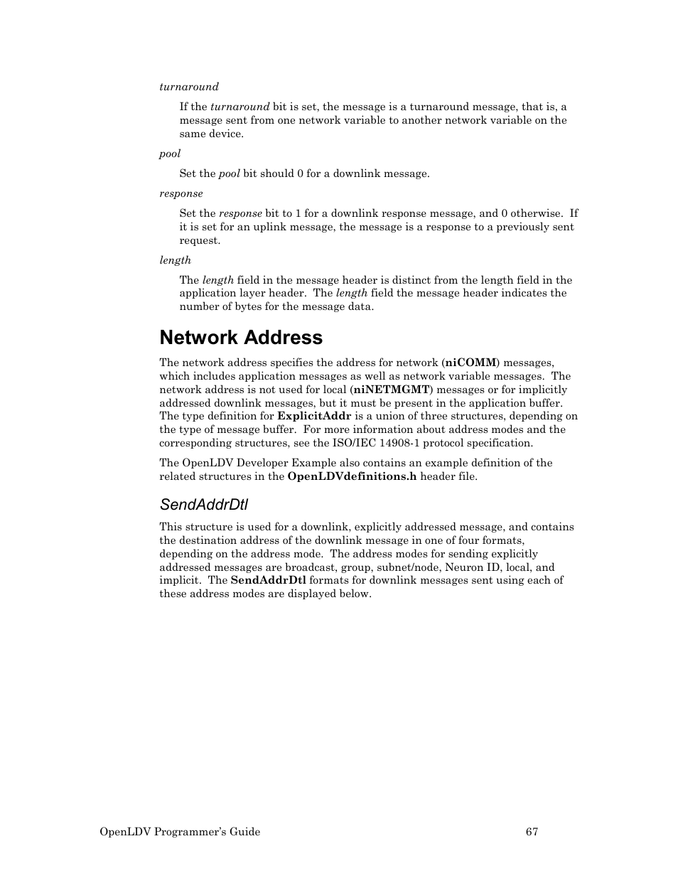 Sendaddrdtl, Network address | Echelon OpenLDV User Manual | Page 75 / 194